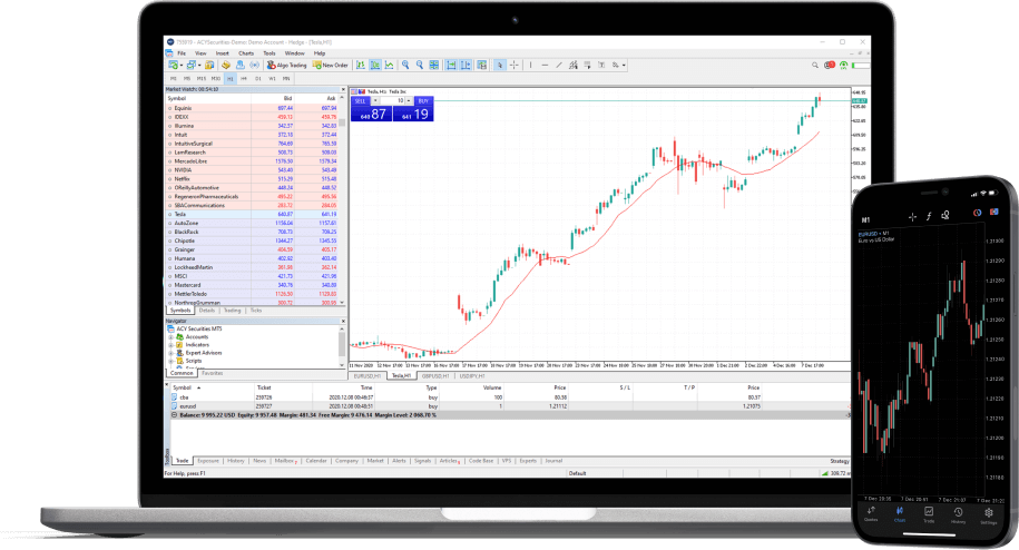 Interface do MetaTrader 5 exibida em um notebook e celular, demonstrando a flexibilidade de operar no mercado Forex com a Horux FX